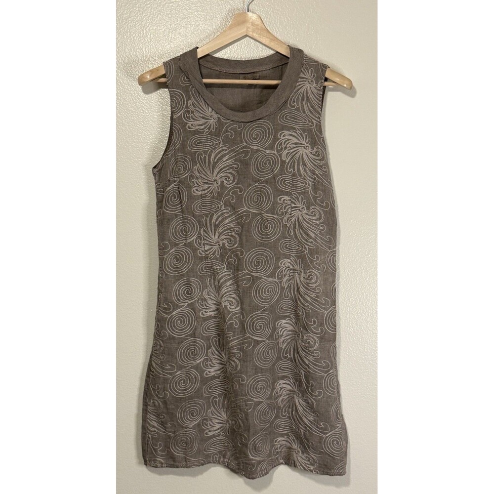LINA TOMEI Made In Italy Linen Embroidered Shift Dress Cowl Neck Size Medium